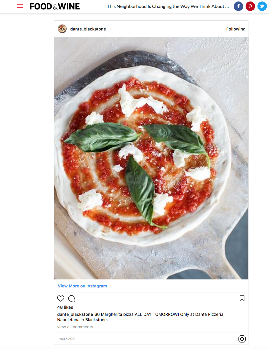 Dante Pizzeria Napoletana Featured in Food and Wine